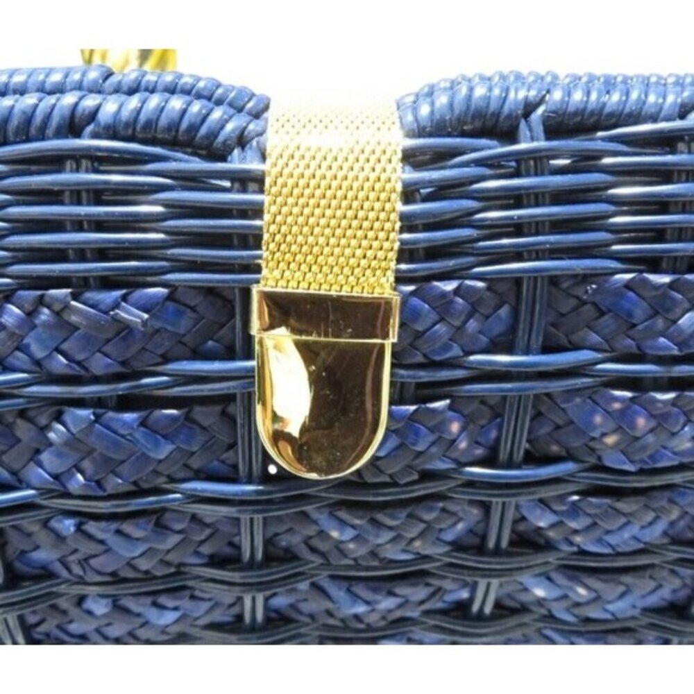 Basket Weave Handbag Cobalt Sapphire Blue & Gold Hardware Chain Crossbody Clutch - Picture 2 of 13